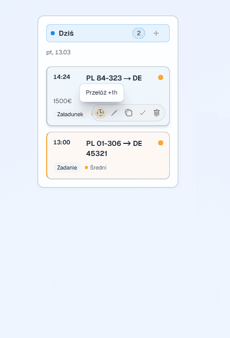 Szybkie akcje na karcie dashboardu: przełóż, notatka, otwórz i usuń.